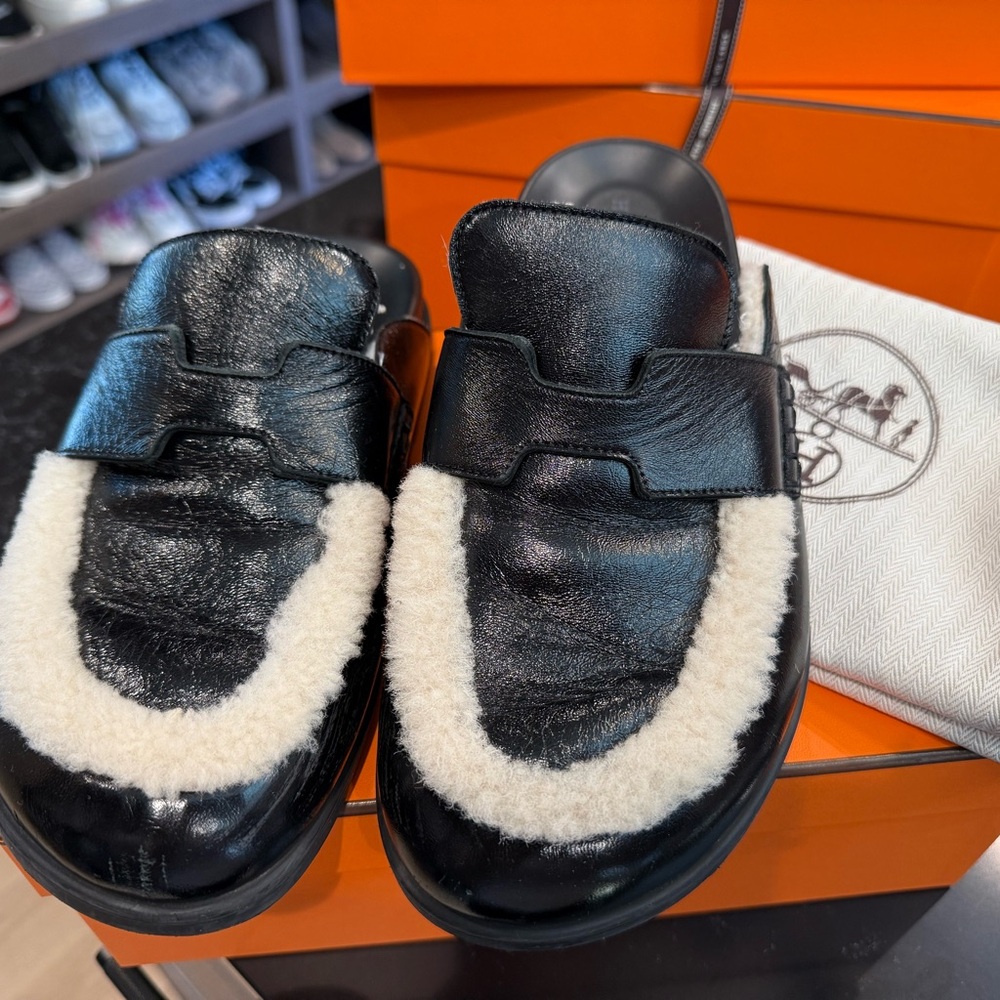 Hermes Black Leather Shearling GO Mules